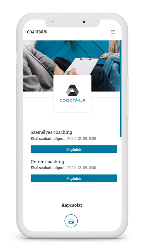 a bookedby.me online időpontfoglaló rendszerének példa kialakítása mobil nézetben, coaching és tanácsadói szolgáltatóknak