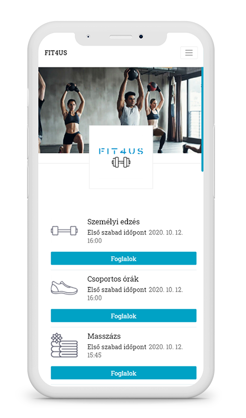 a bookedby.me online időpontfoglaló rendszerének példa kialakítása telefonos nézetben, fitness iparágú szolgáltatóknak