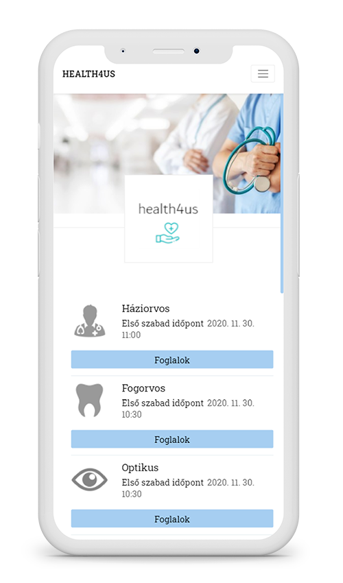 a bookedby.me online időpontfoglaló rendszerének példa kialakítása mobil nézetben, egészségügyi szolgáltatóknak